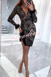 Broadway Queen Unique Sequin Pattern Feather Trim Long Sleeve Stretch Mini Dress