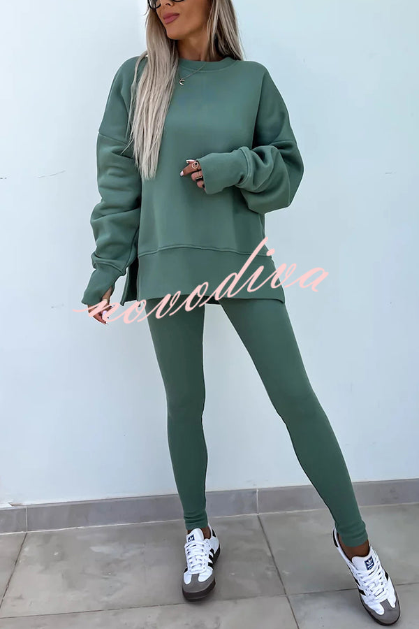 Solid Color Loose Long Sleeve SlitSweatshirt and Elastic Waist Tight Pants Set