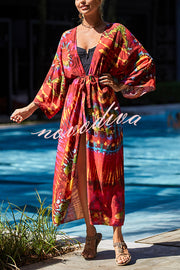 Unique Print Loose Lace Up Holiday Maxi Cover Up