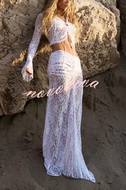 Sexy Lace Long-sleeve Lace-up Top and Pleated Sheer Maxi Skirt Set