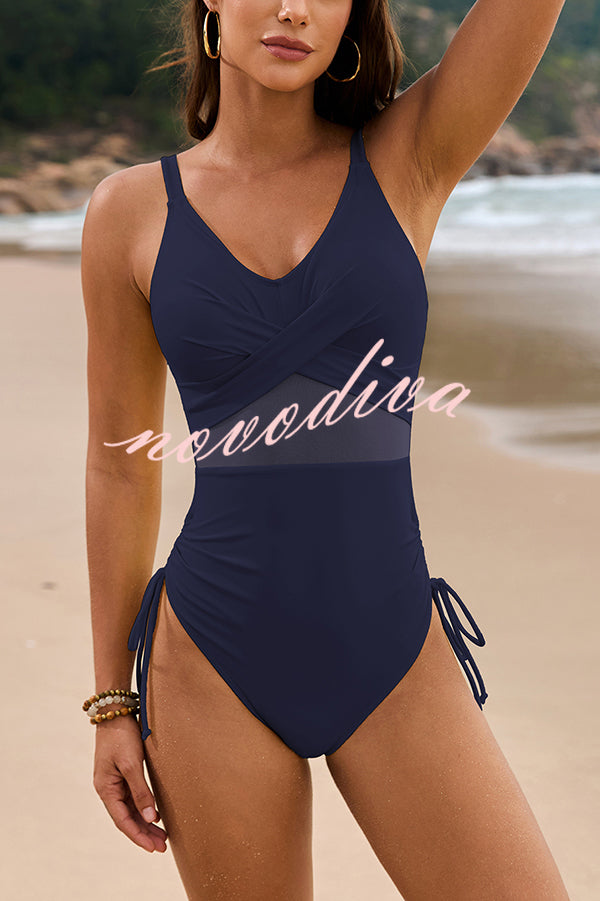 Solid Color Drawstring Waist Mesh One-Piece Bikini Swimsuit