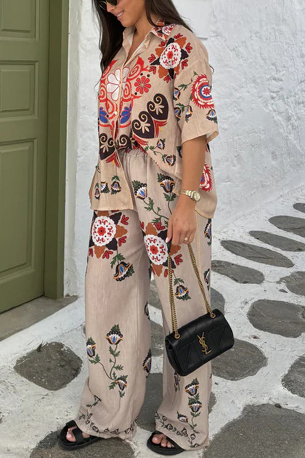 Fiji Ethnic Unique Printed Casual Shirt and Elastic Waist Wide Leg Pants Set