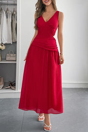 Solid Color V-neck Sleeveless Waist Hollow Out Maxi Dress