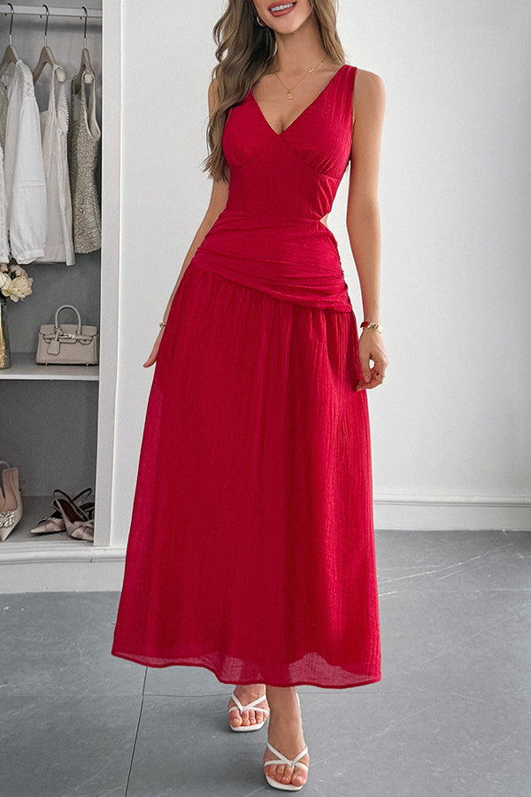 Solid Color V-neck Sleeveless Waist Hollow Out Maxi Dress