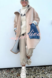 Soft and Warm Zipper Denim Pocket Long Sleeve Hooded Midi Sweatshirt Coat