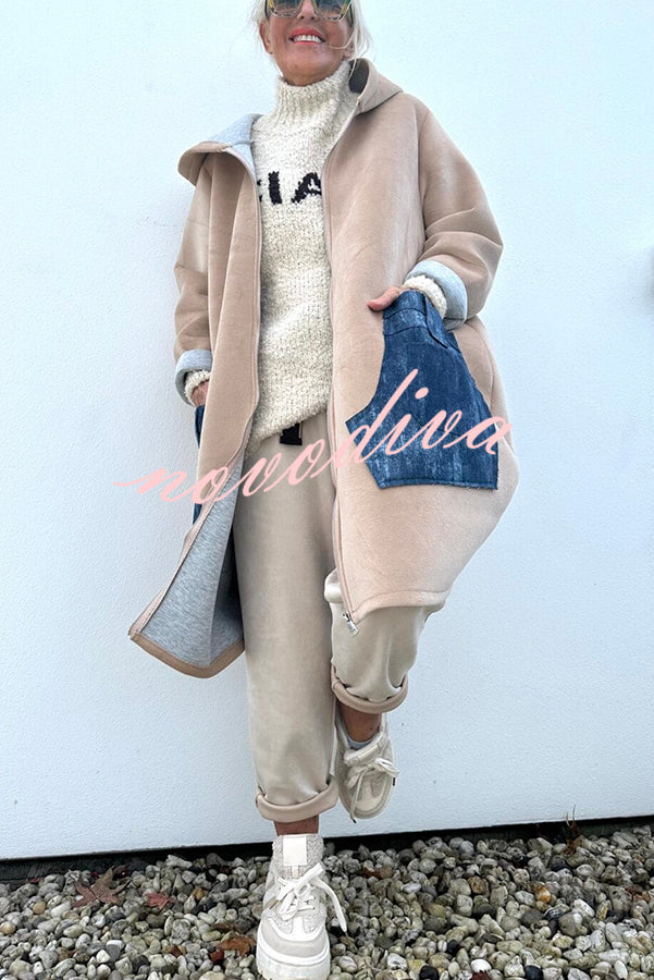 Soft and Warm Zipper Denim Pocket Long Sleeve Hooded Midi Sweatshirt Coat