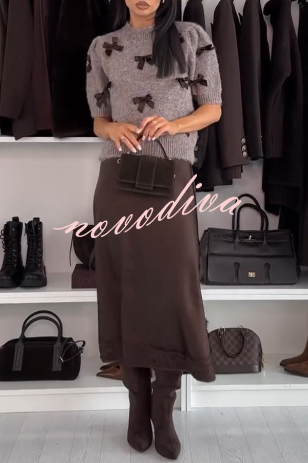 Jensin Knit Satin Bow Detail Short Sleeve Crop Sweater