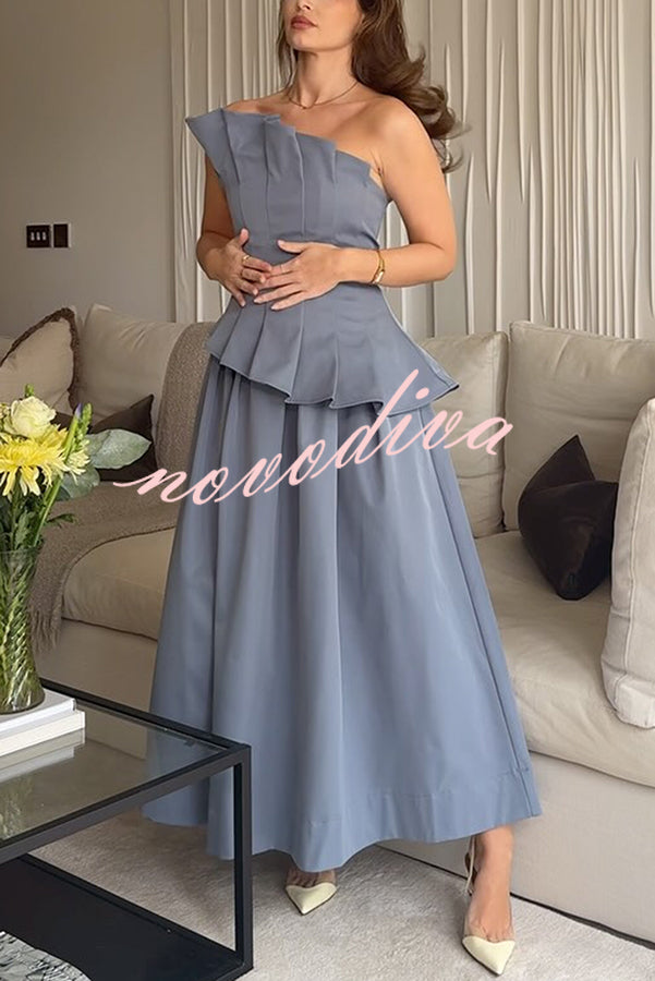 Fashionable Chic Off Shoulder Structured Pleat Corset A-line Midi Dress
