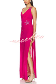 Mermaid Chiffon Starfish Sequin Asymmetric Neck Slit Maxi Dress