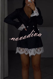 Merrin Striped Lace Trim Double-breasted Long Sleeve Lapel Blazer Mini Dress