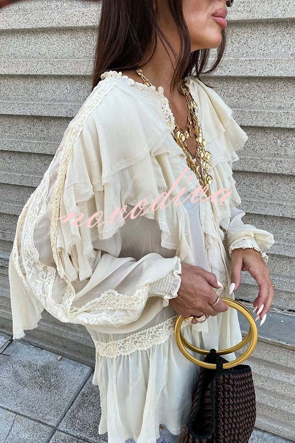 Autumn Boho Chiffon Lace Trim Ruffle Balloon Sleeve Blouse