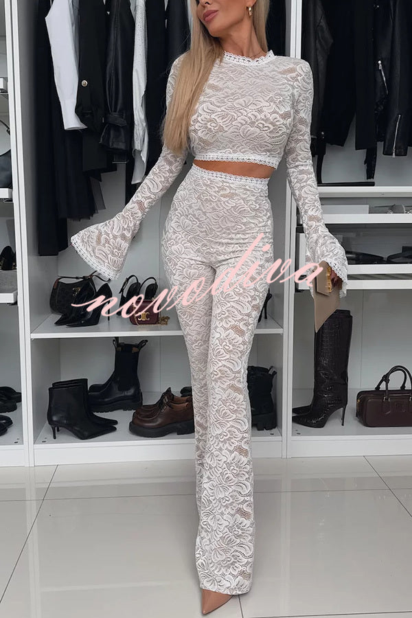 Sexy Charming Lace Bell Sleeve Crop Stretch Top and High Waist Stretch Flared Pants