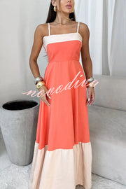 Fashionable Contrast Color Stitching Sling Maxi Dress