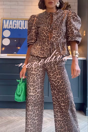 Kiana Leopard Print Peplum Tie Puff Sleeve Shirt and Elastic Waist Pocketed Loose Pants Set