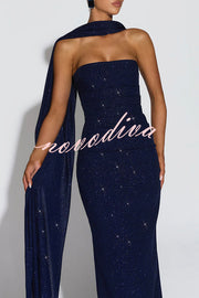 Pandra Glittery Crepe Fabric Off Shoulder Ruched Slit Cape Maxi Dress