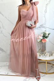 Feeling Galm Tulle Knotted One Shoulder Pleated Slit Maxi Dress