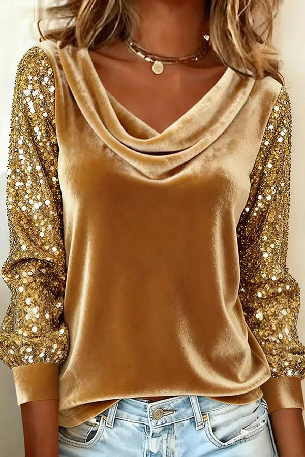 Stylish Velvet Sequin Patchwork Long-sleeved Casual Top