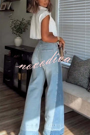 Ellison Denim Side Colorblock High Rise Pocket Wide Leg Jeans