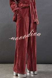 Solid Color Velvet Long-sleeved Waist Tie Top and Elastic Waist Casual Pocket Straight-leg Pants Set