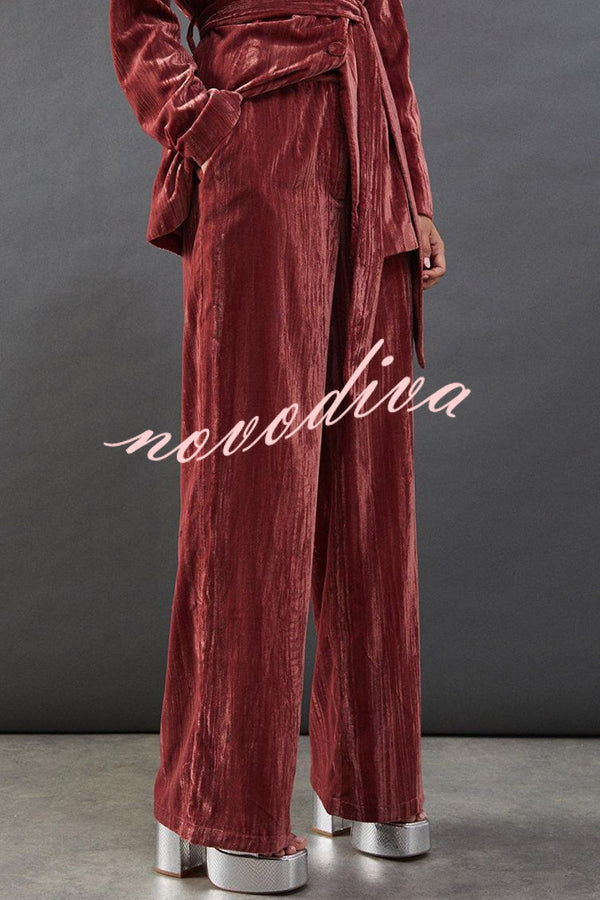 Solid Color Velvet Long-sleeved Waist Tie Top and Elastic Waist Casual Pocket Straight-leg Pants Set