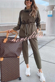 Airport Chic High Neck Drawstring Waist Sweatshirt and Elastic Waist Pocketed Jogger Set