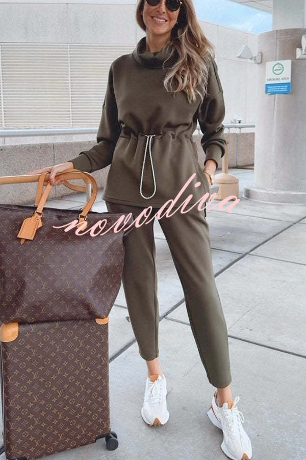 Airport Chic High Neck Drawstring Waist Sweatshirt and Elastic Waist Pocketed Jogger Set