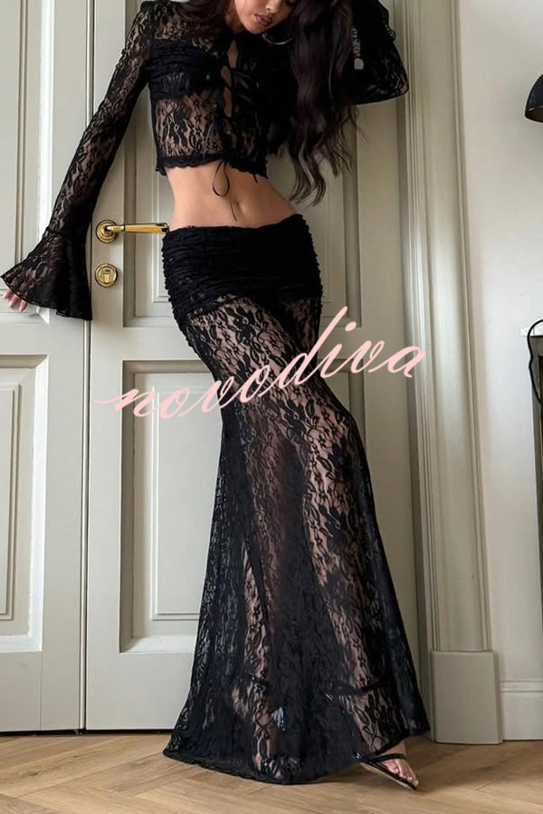 Sexy Lace Long-sleeve Lace-up Top and Pleated Sheer Maxi Skirt Set