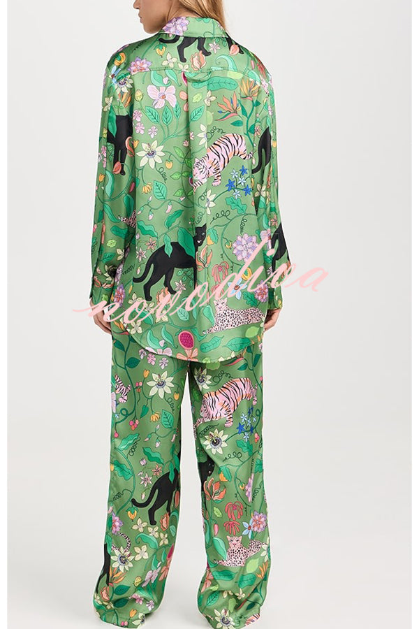 Quiet Jungle Satin Unique Print Long Sleeve Shirt and Elastic Waist Pocket Lounge Pants Set