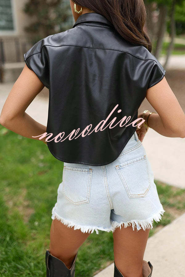 Fashion Faux Leather Pocket Sleeveless Cropped Jacket