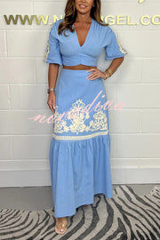 Stylish V-neck Puff-sleeved Crop Top and Elastic Waist Paneled Maxi Skirt Set