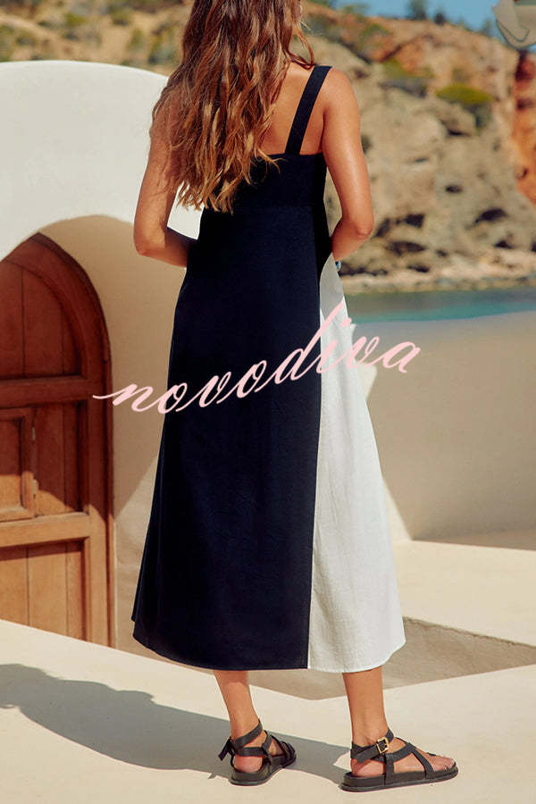 Simple and Stylish Contrast Color Sling Back Smocked Maxi Dress