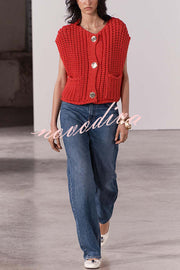 Solid Color Sleeveless Pocket Knitted Vest