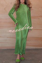Hansin Satin Pleated Fabric Long Sleeve Wavy Trim H-line Slit Midi Dress