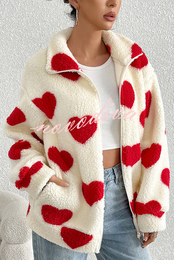 Fashion Plush Heart Print Loose Pocket Long Sleeve Zipper Jacket