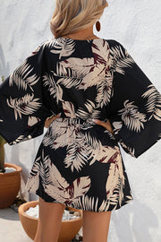 Botanical Print Button Drawstring Waist Dolman Sleeve Loose Romper