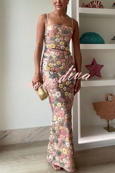 80's Inspired Floral Print Sequin Square Neck Slip Stretch Maxi Dress