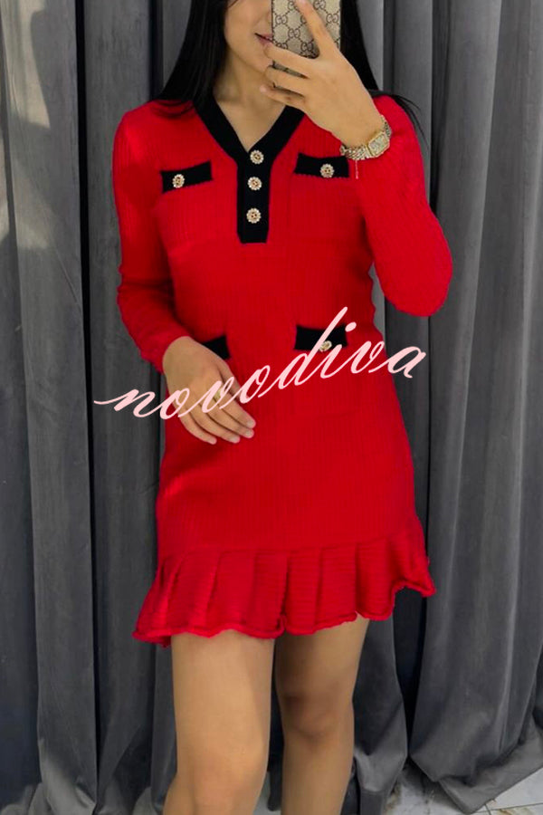 Stylish Waffle Contrast V-neck Ruffled Knitted Mini Dress