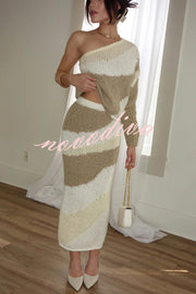 Soft Autumn Knit Colorblock High Rise Elastic Waistband Stretch Midi Skirt