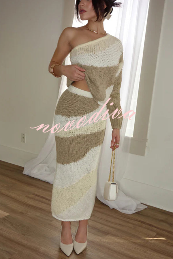 Soft Autumn Knit Colorblock High Rise Elastic Waistband Stretch Midi Skirt