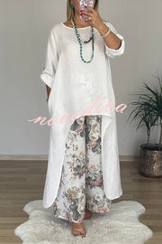 Linen Blend Crew Neck Long Sleeve Irregular Loose Top and Elastic Waist Floral Print Casual Pocket Set