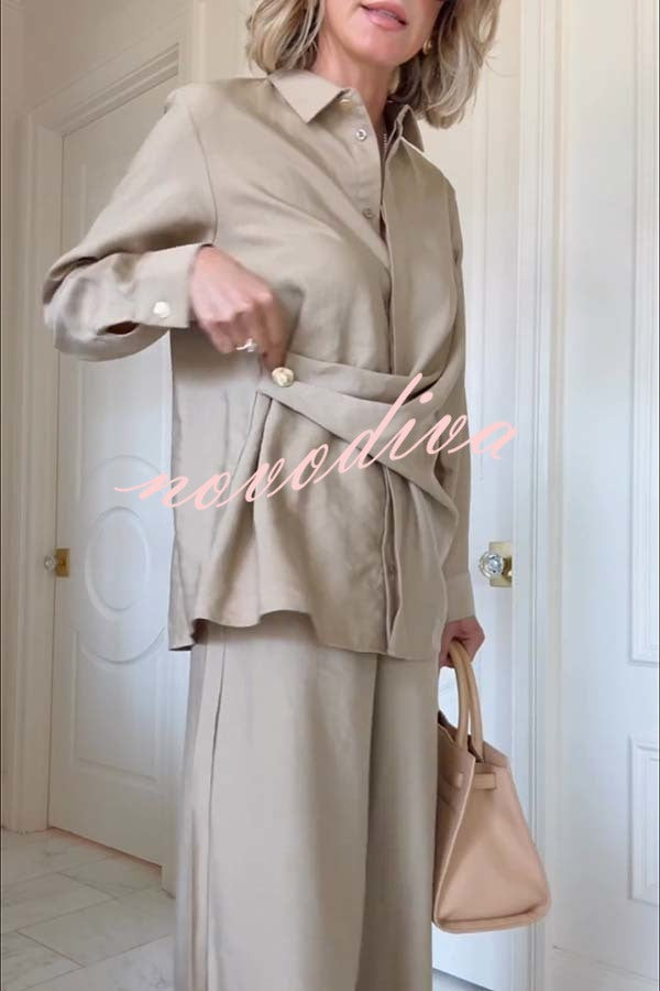 Juliette Cross-front Button Up Long Sleeve Shirt and Elastic Waist Pocket Loose Pants Set