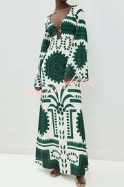 Holiday Fashion Unique Print Front Center Hollow Ring Long Sleeve Maxi Dress
