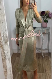 Shiny Lady Metallic Fabric Padded Long Sleeve Tie-up Ruched Midi Dress