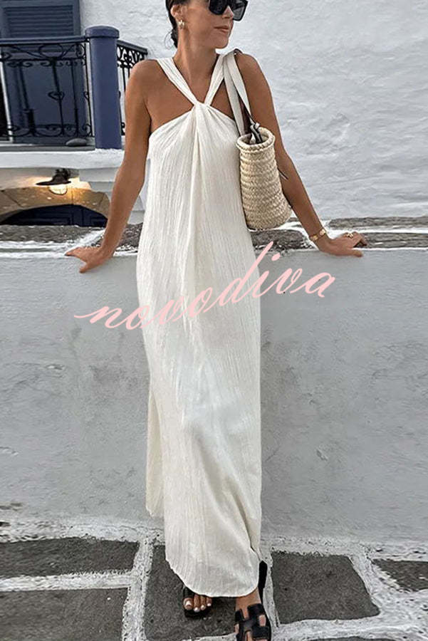 Sea angel Linen Blend Textured Fabric Halter Vacation Maxi Dress