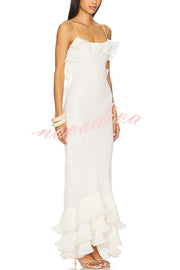 Alisin Pleated Chiffon Wavy Ruffles Trim Slip Maxi Dress