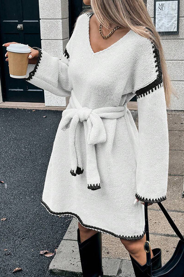 Stylish Loose-fitting Long-sleeved Tie-waist Knit Mini Dress
