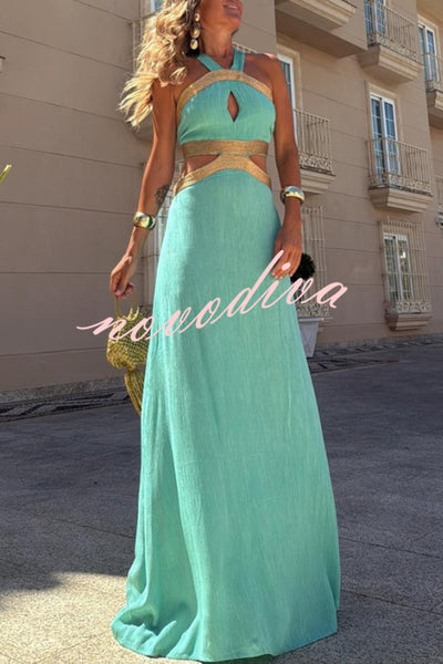 Avery Gold-rimmed Bamboo Cutout Back Tie-up Maxi Dress