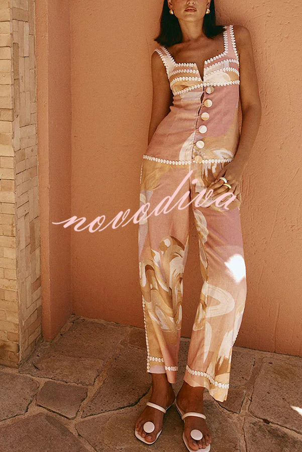 European Summer Linen Blend Ric Rac Trims High Rise Pocket Loose Pants