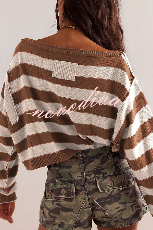 Striped Print Crew Neck Long Sleeve Loose Knitted Sweater