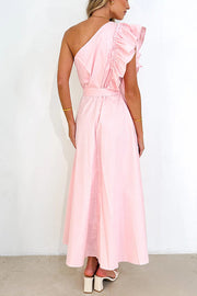 Solid One Shoulder Ruffled Sleeves Tie Waist Maxi Dress